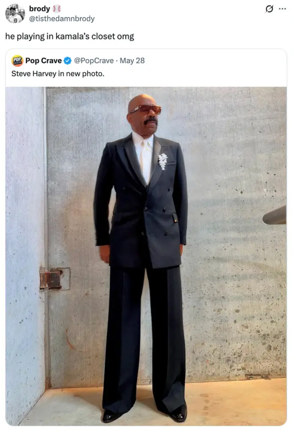 Man wearing a double-breasted suit with flared pants, lasting against a factual wall, from a societal media station captioned humorously