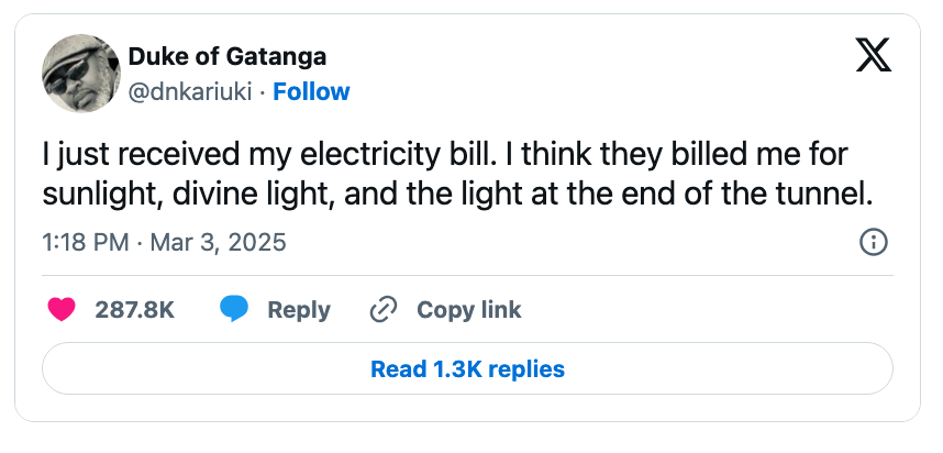 Tweet humorously complaining astir an excessively precocious energy measure by mentioning charges for sunlight and different airy sources