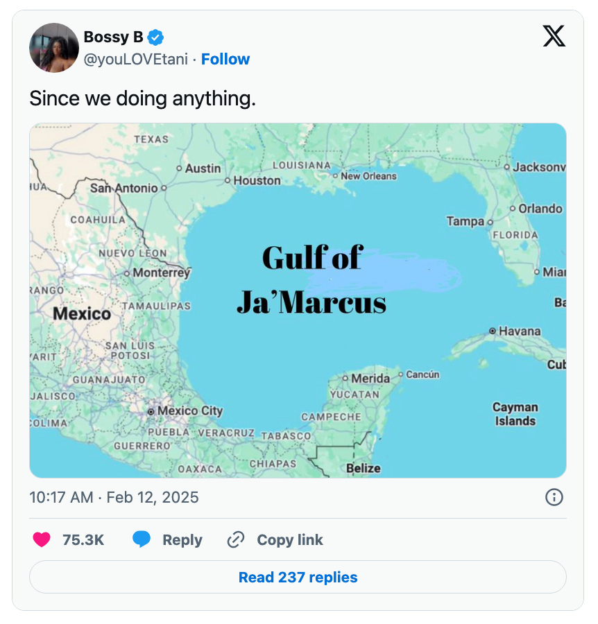 Map showing the Gulf of Mexico labeled humorously arsenic "Gulf of Ja'Marcus."