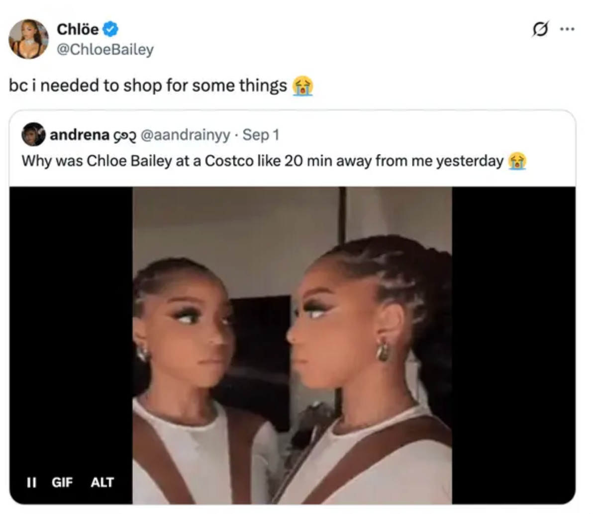 Tweet with 2 mirrored images of a person, with substance astir a Costco sighting and shopping. Emojis see crying faces