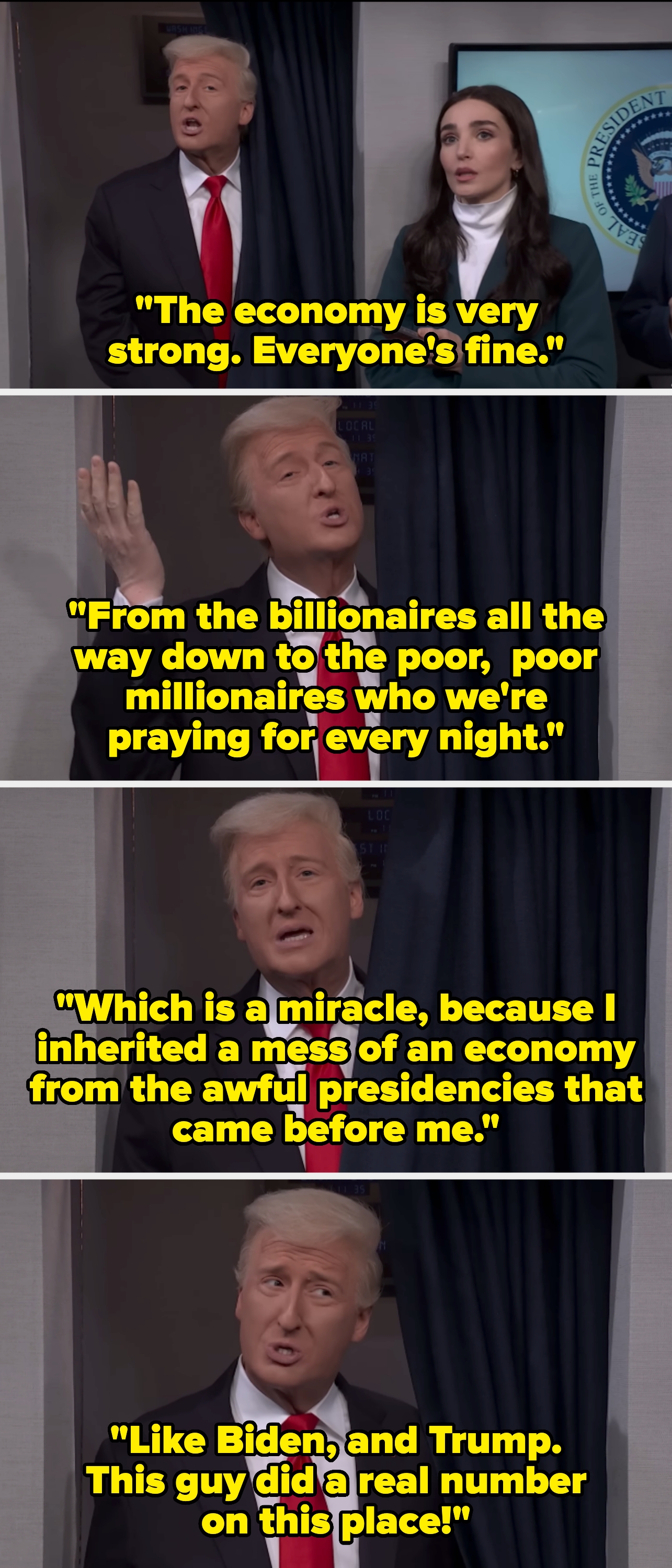 Person i dress med rødt slips som etterligner en offentlig person, gestikulerer med en hånd og står ved siden av en gardin