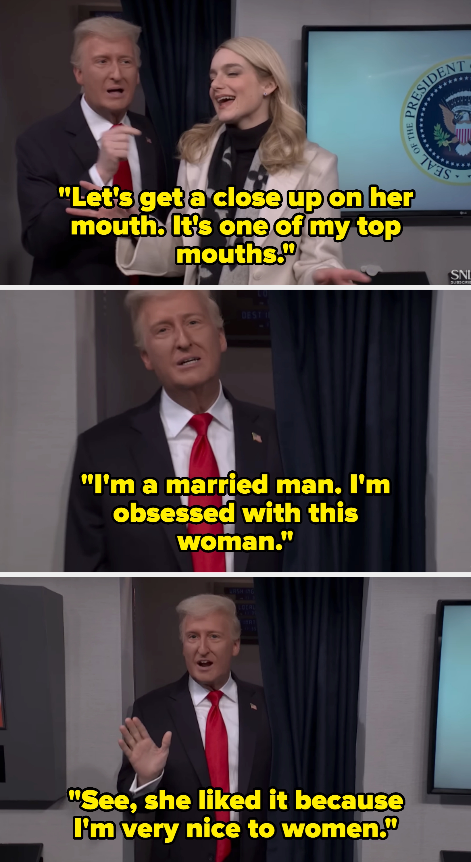 En mann og kvinne i en komisk scene. Kvinnen har på seg en stilig kåpe med et mønstret skjerf. Et presidentsegl er synlig i bakgrunnen