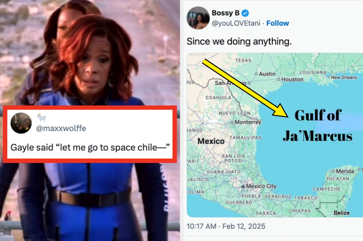 Split image: Left shows a distressed scene with a caption about going to space. Right shows a humorous tweet with a map labeled "Gulf of Ja'Marcus."