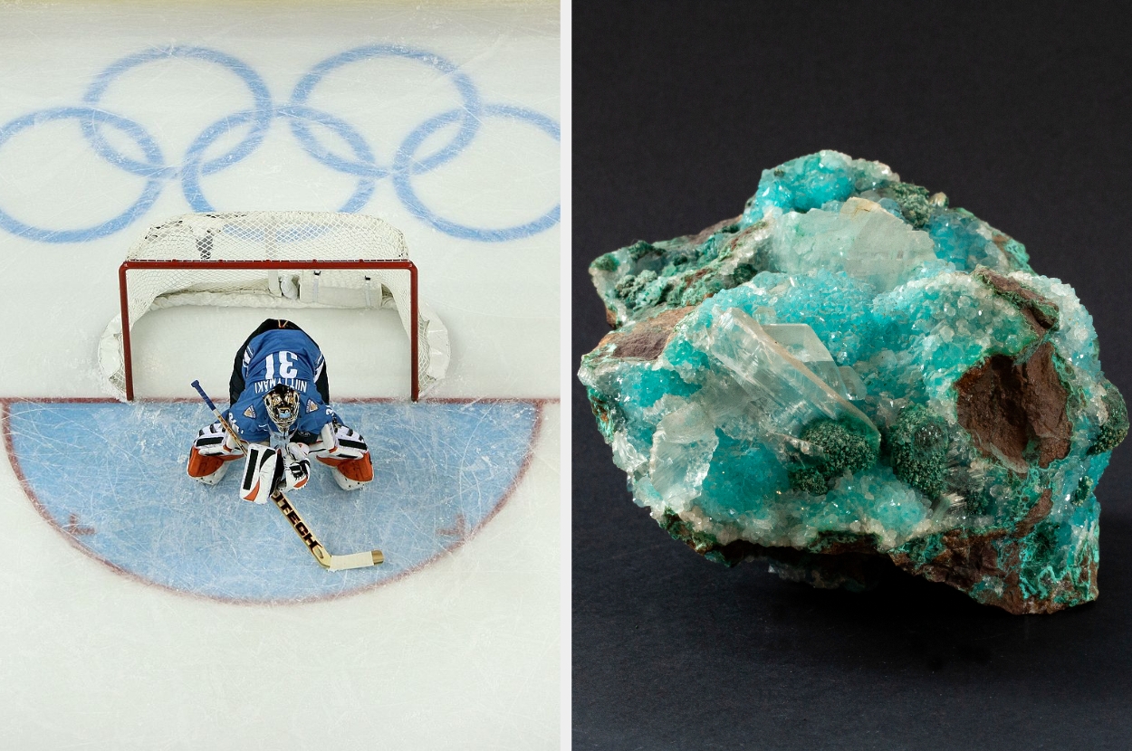 An aerial view of a hockey goalie in front of an Olympic goal and a close-up of a mineral rock with a rough texture