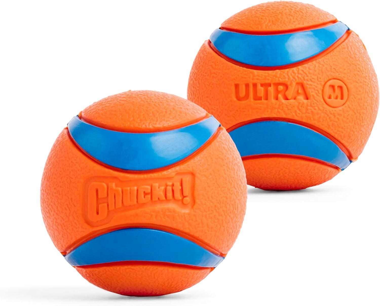 Two orangish  Chuckit! Ultra canine  balls with bluish  stripes and embossed text, positioned broadside  by side