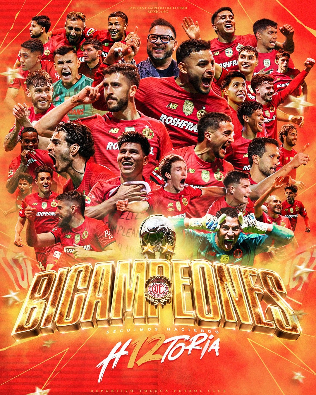 Collage of celebrating soccer players in red jerseys with "Bicampeones" and "H12toria" text, signifying a championship win for Toluca Futbol Club
