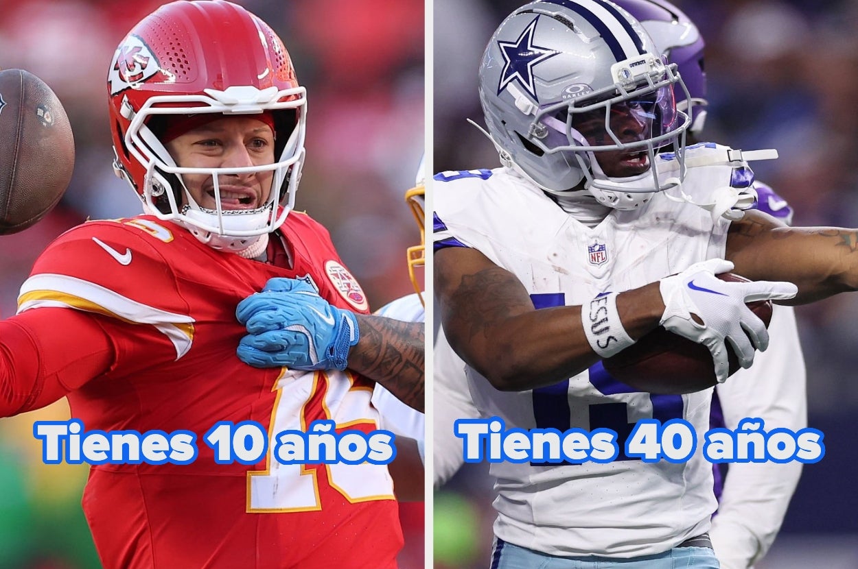 The image contrasts a young child in a red football jersey and an adult in a white football jersey, jokingly comparing "10 years old" and "40 years old."