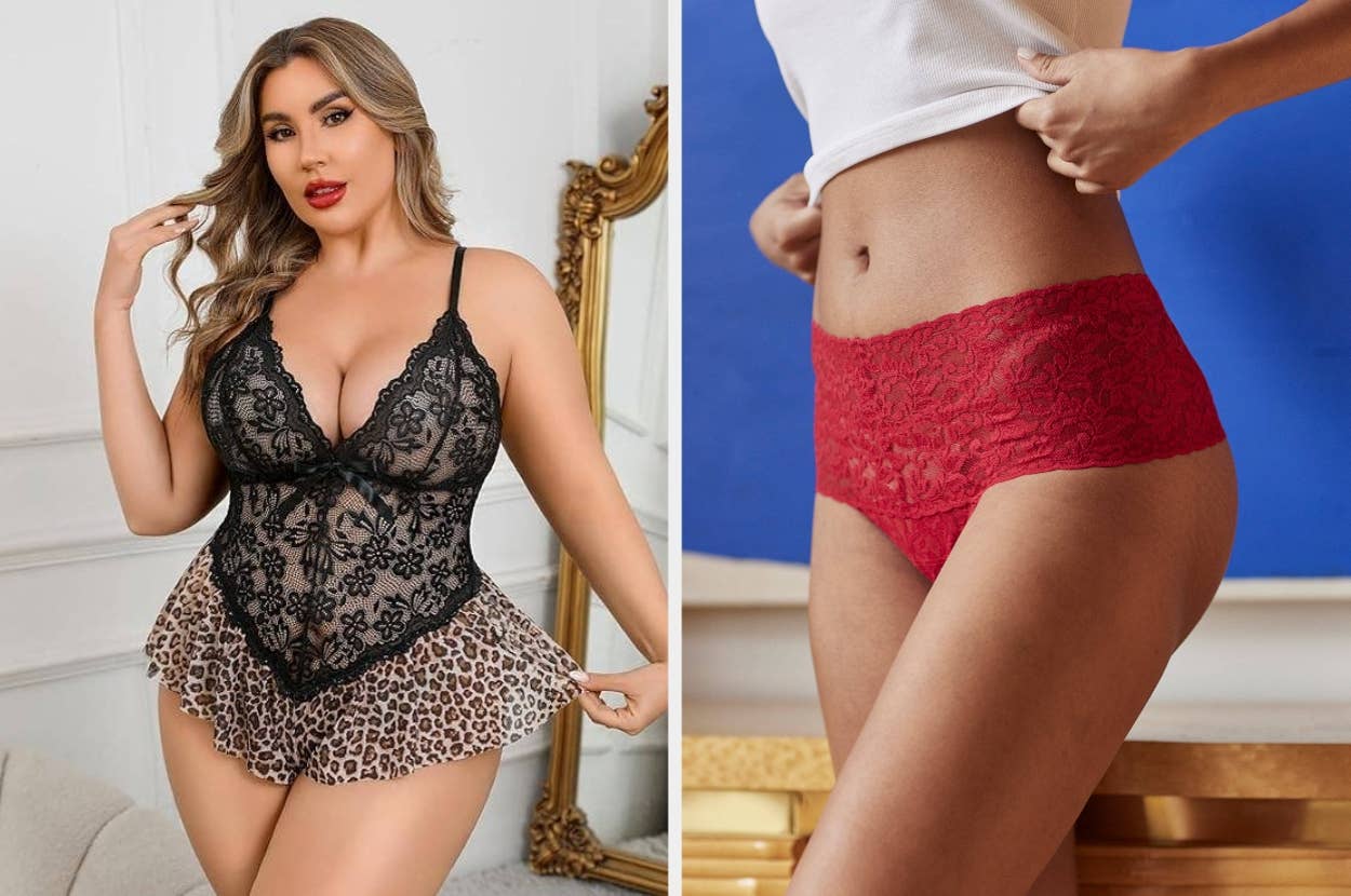 Model wearing lace lingerie with an animal-print skirt panel, next to a torso showing red lace underwear