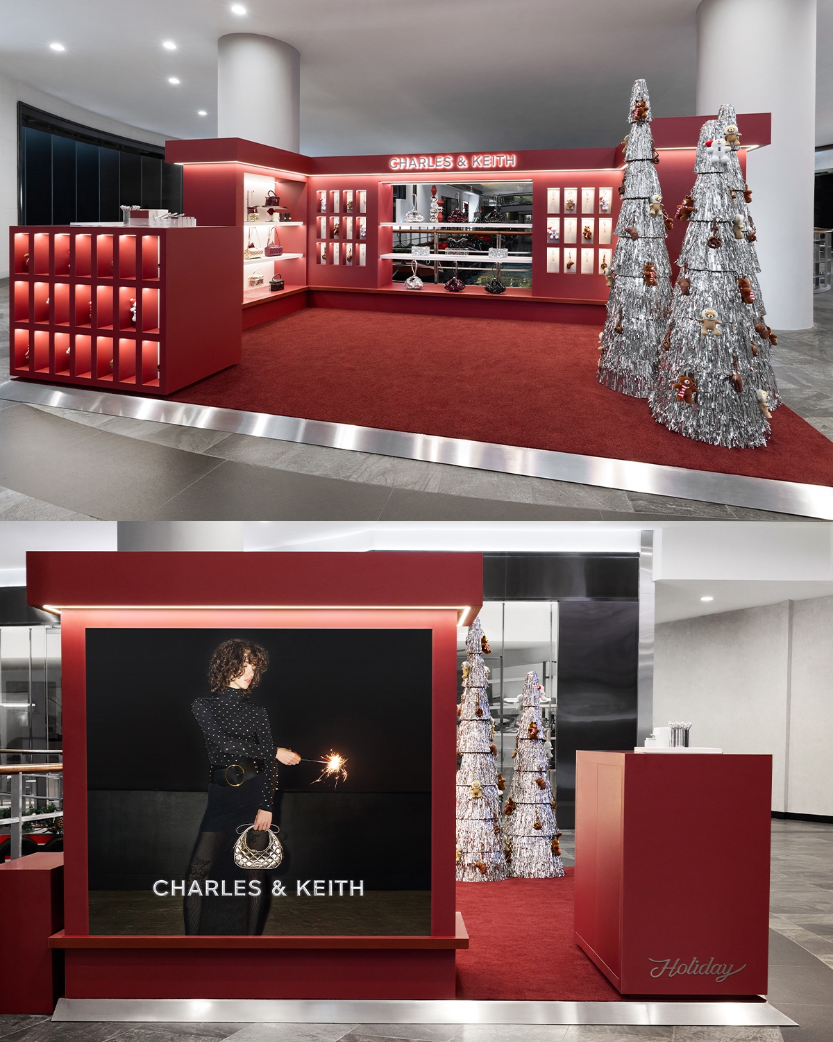 Charles & Keith holiday display with silver trees and a red carpet, showcasing shoes and accessories. A poster features a model holding a sparkler