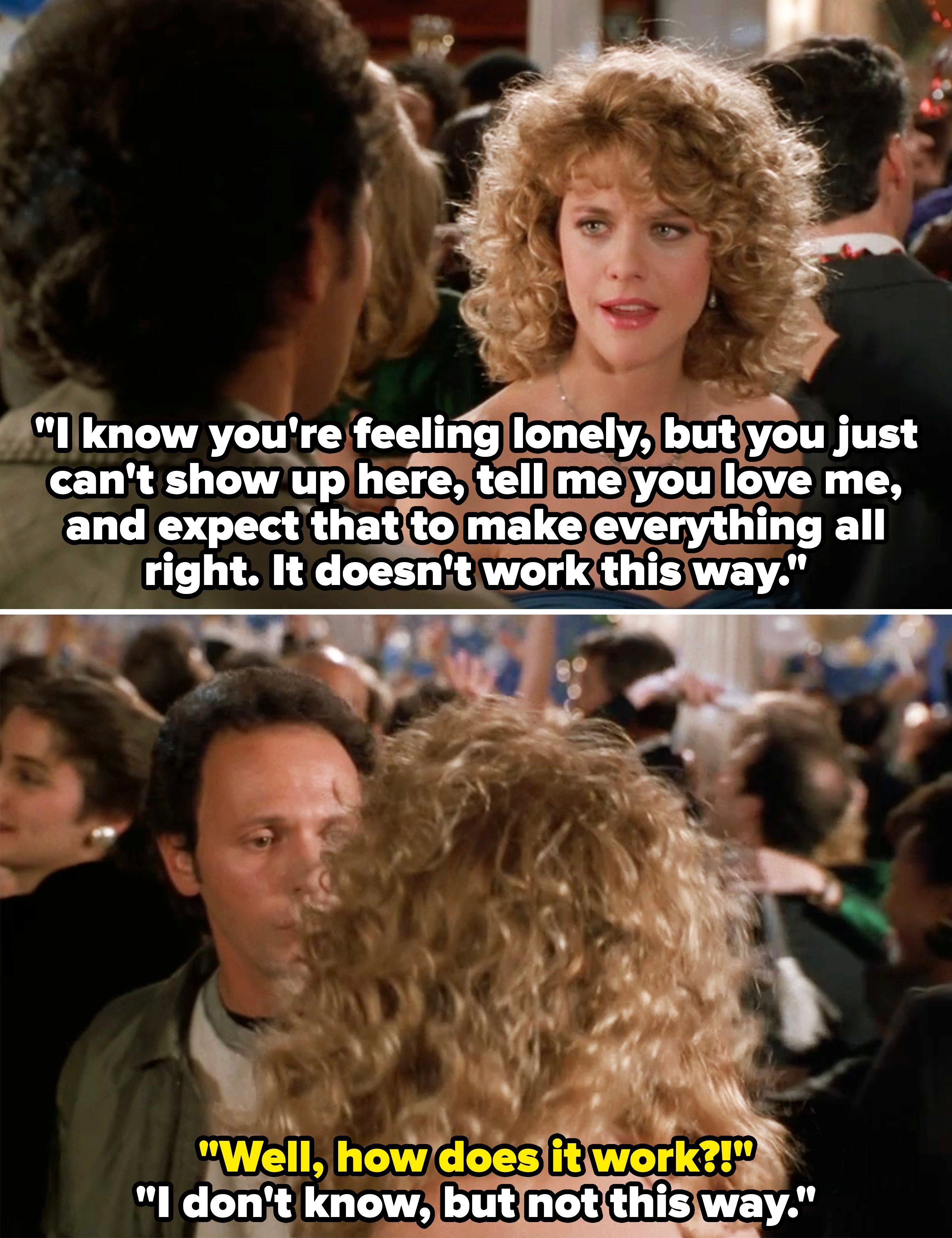 A pistillate successful a strapless formal and curly hairsbreadth talks to a antheral astatine a crowded party