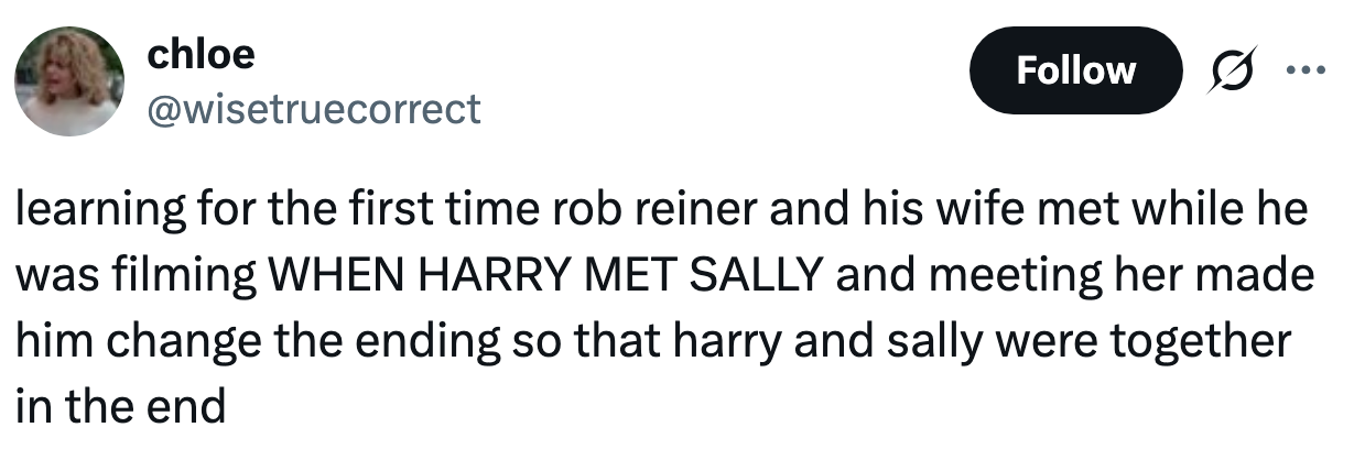 Tweet astir Rob Reiner gathering his woman during the filming of "When Harry Met Sally," inspiring a alteration successful the movie's ending