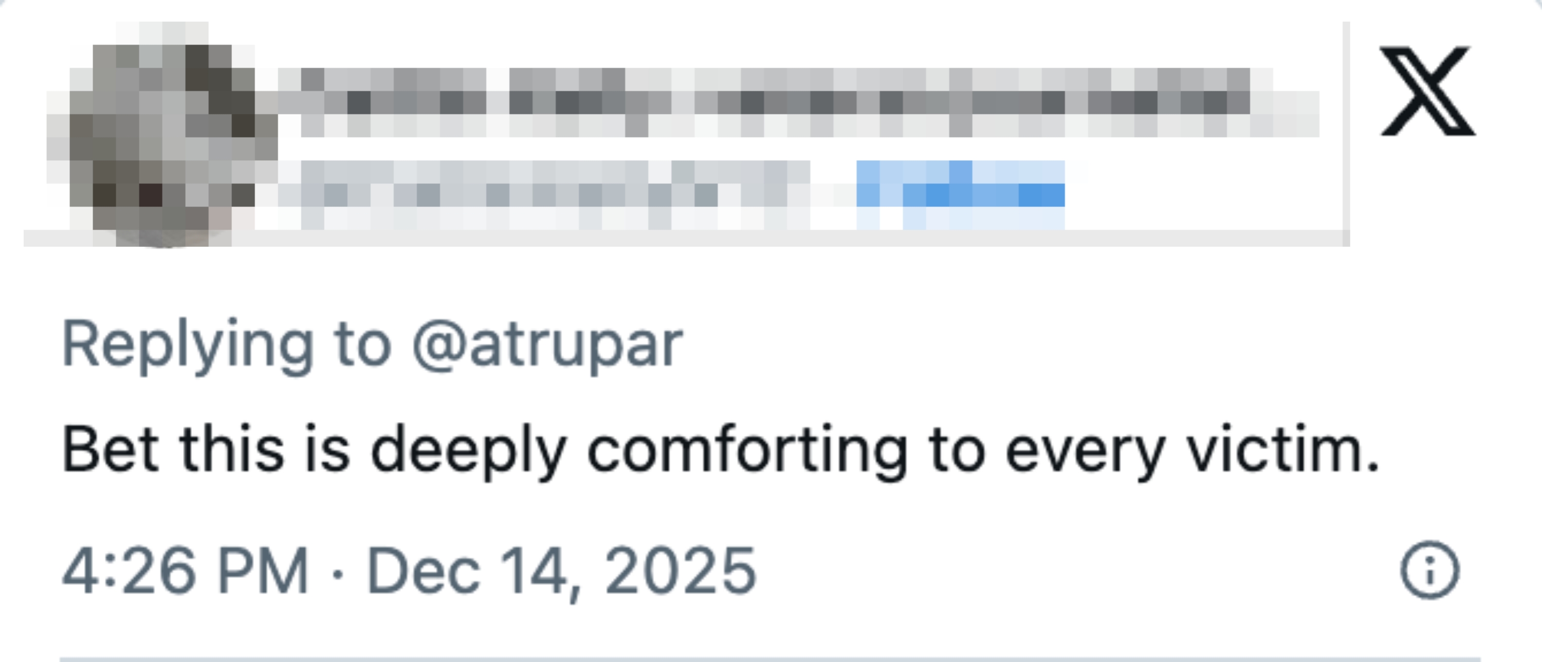 Tweet av Caitlin Kelly, veteranjournalist: "Satser på at dette er dypt trøstende for hvert offer." Datert 14. desember 2025