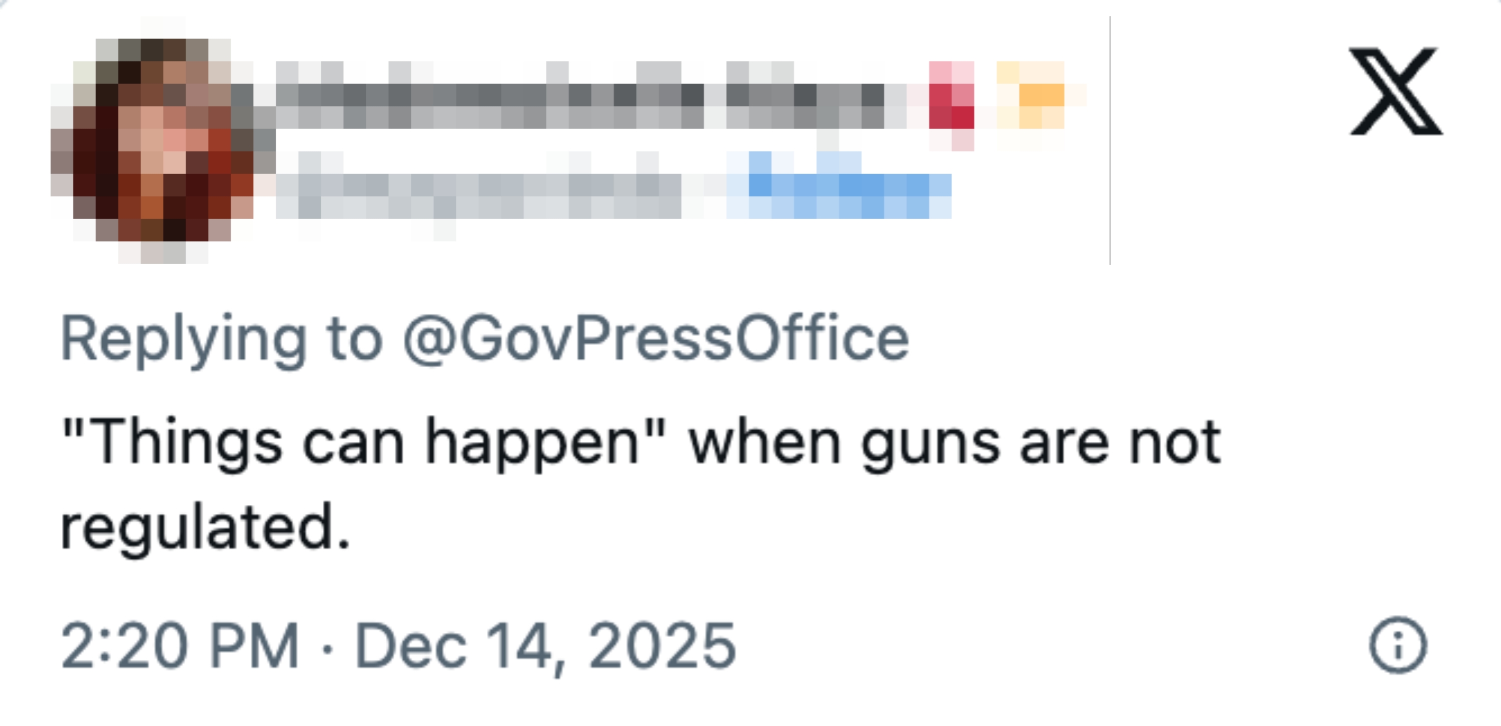 Twitter-svar fra brukeren "@mayaoviedo" sier: "'Ting kan skje' når våpen ikke er regulert." Datert 14. desember 2025