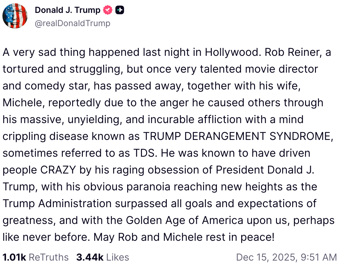 Sammendrag av bildet: Innlegget kunngjør Rob Reiners død, og nevner kamper med en sinnstilstand referert til som 