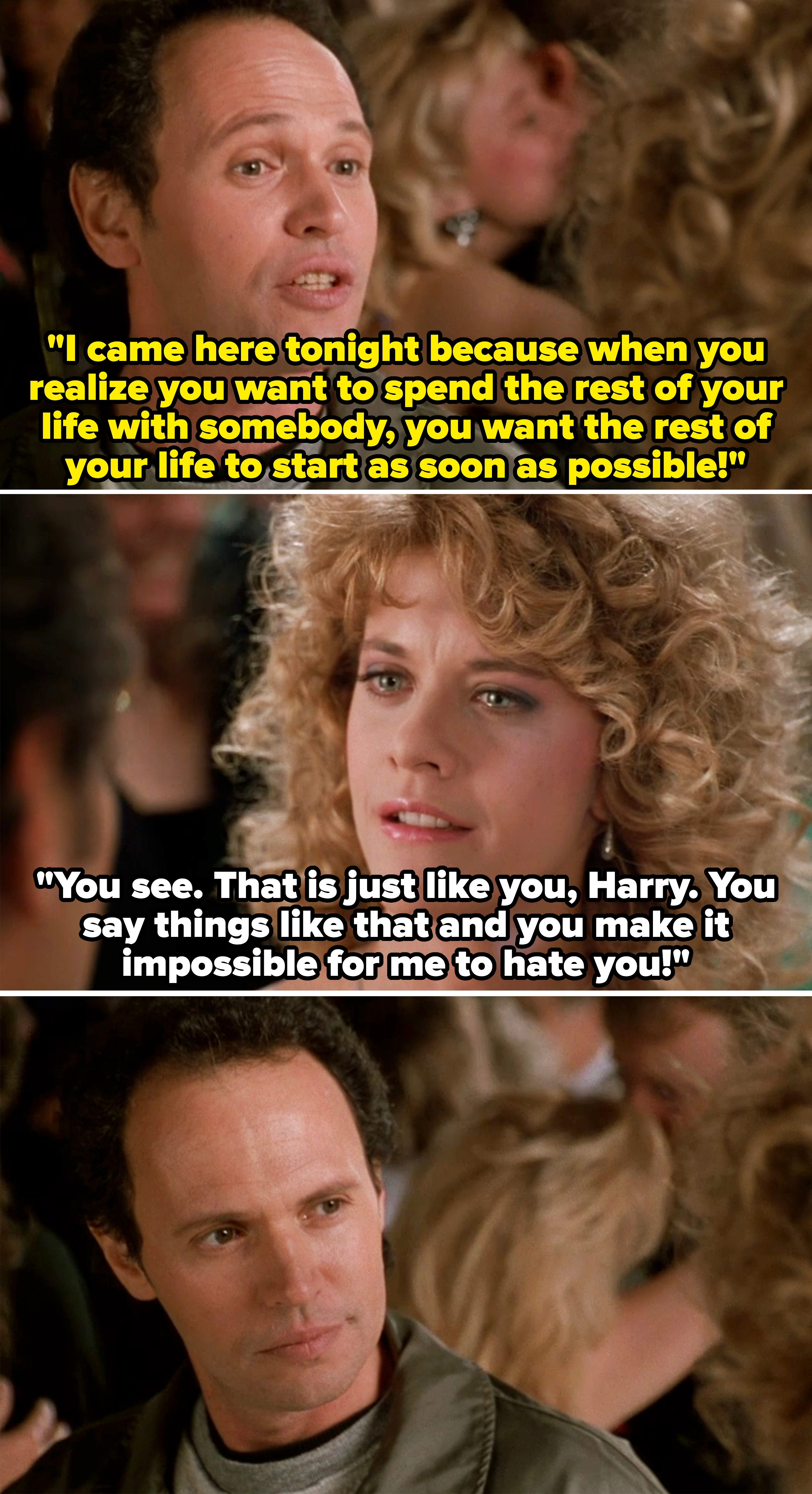 Three-panel country from a movie with 2 individuals having a speech successful a crowded setting