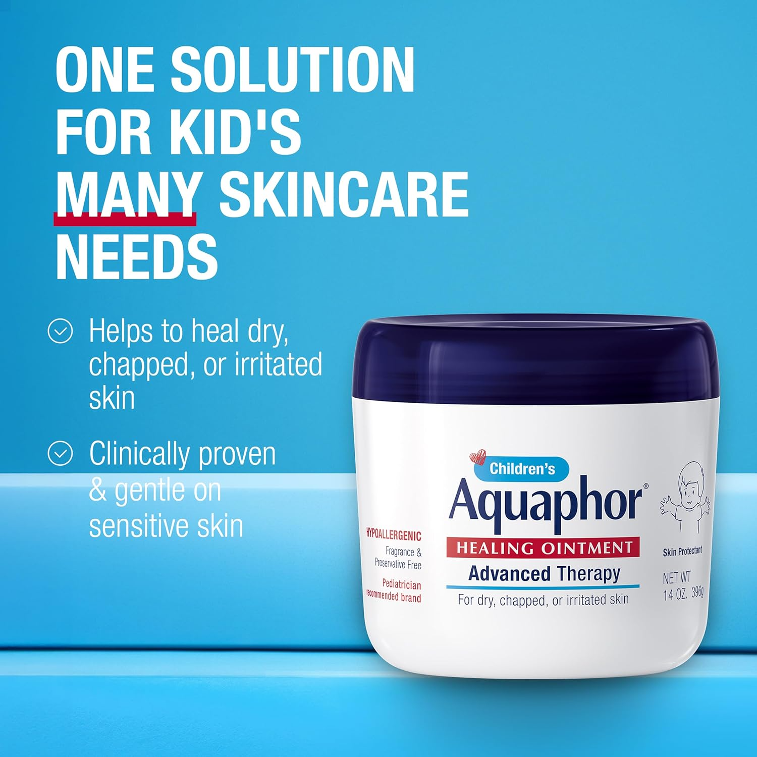 Aquaphor Children's Healing Ointment for dry, chapped skin; highlights healing benefits and sensitivity to children's skincare needs