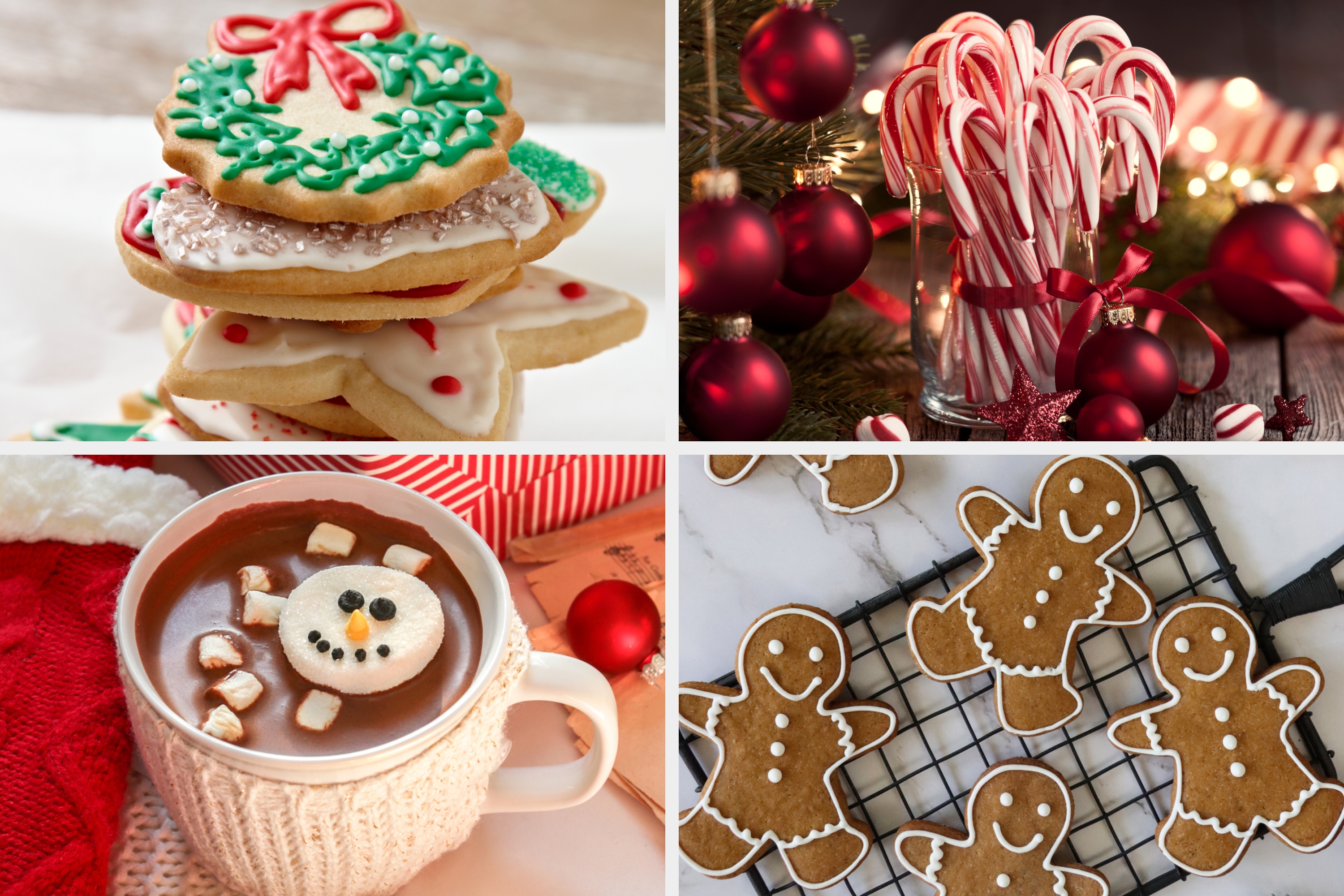 Cookies and holiday treats including decorated sugar cookies, candy canes, a snowman marshmallow in hot chocolate, and gingerbread cookies