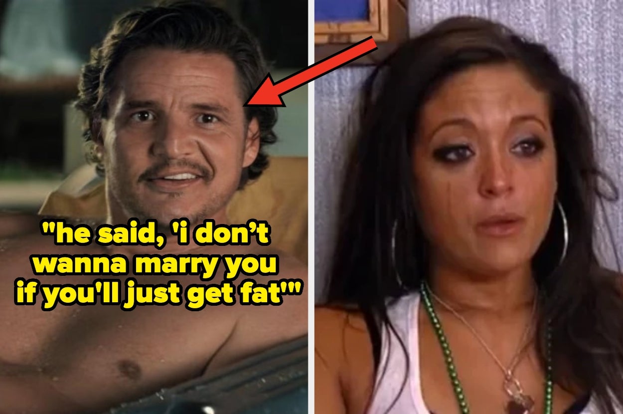 Split image: Left shows a man with text "he said, 'i don't wanna marry you if you'll just get fat'". Right shows a woman looking concerned