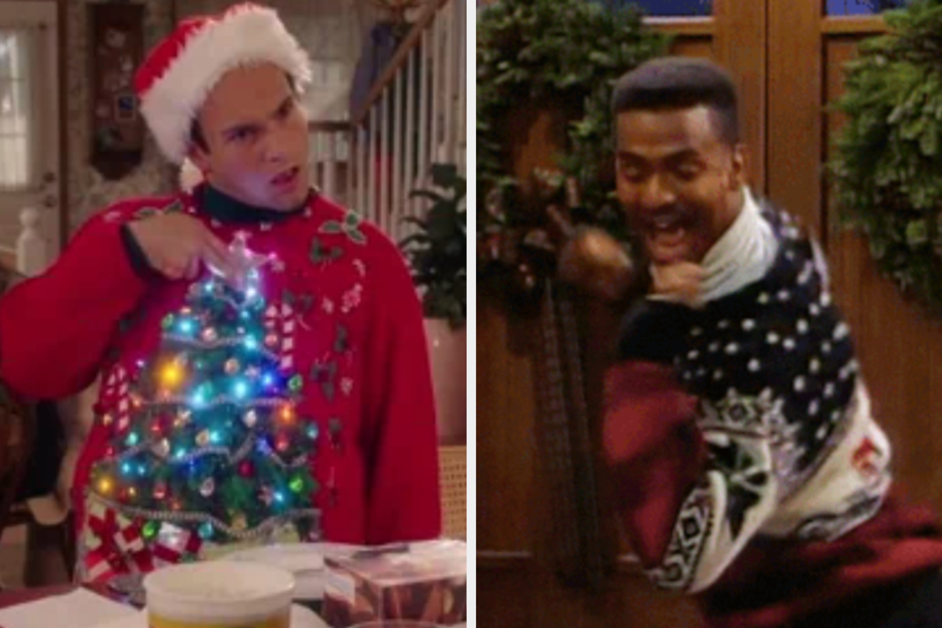 Two people wearing festive sweaters, one with a lit-up Christmas tree design and the other in a patterned sweater, both displaying humorous expressions