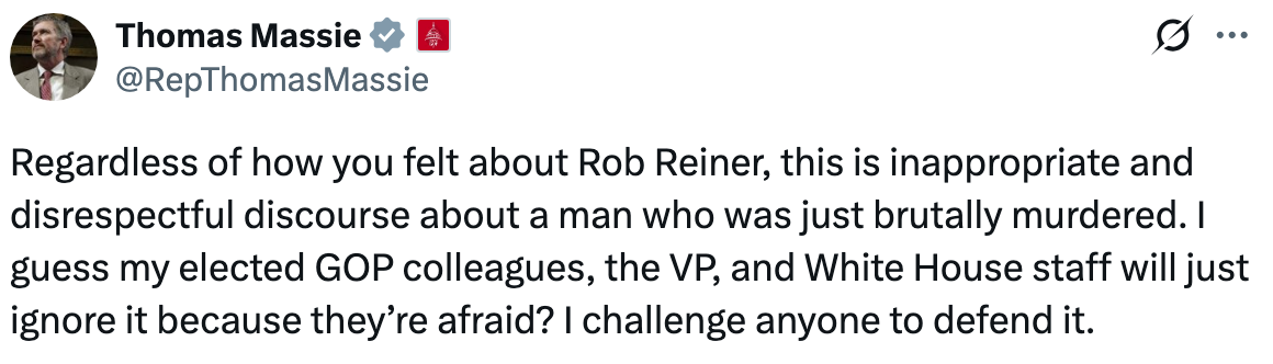 Tweet from Thomas Massie criticizing Rob Reiner's comments connected  the execution  of a man, questioning GOP and White House response