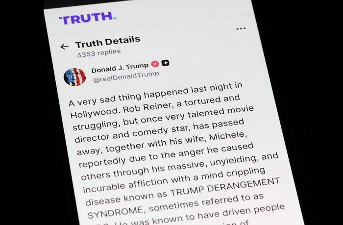 Phone surface  showing a societal  media station  by Donald J. Trump announcing the passing of Rob Reiner, citing complications from "Trump Derangement Syndrome."