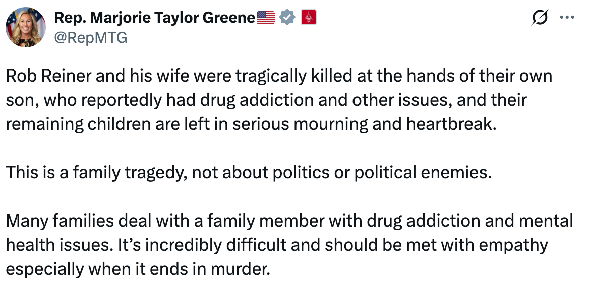  Rob Reiner and his woman  were killed by their son, who had cause   addiction issues. Their children are mourning. Empathy is urged for specified  tragedies