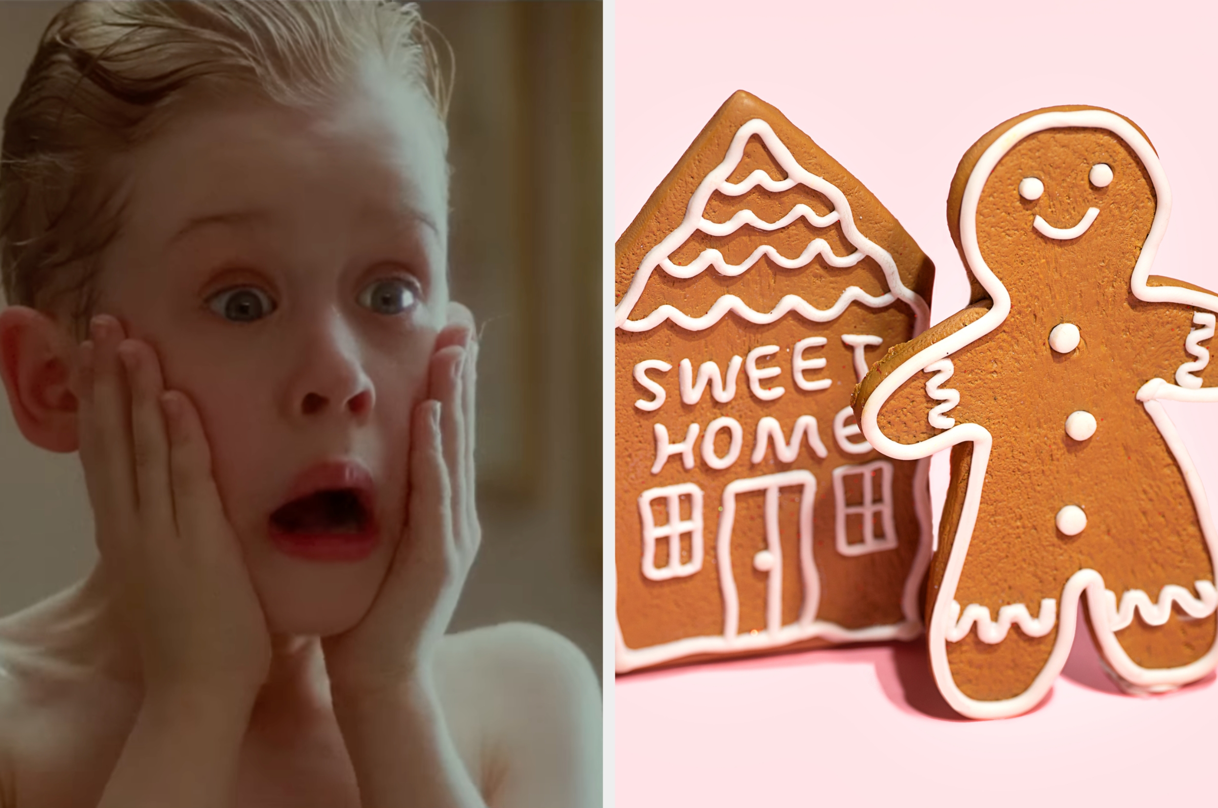 Person making surprised face next to gingerbread cookies shaped like a house and person, decorated with white icing
