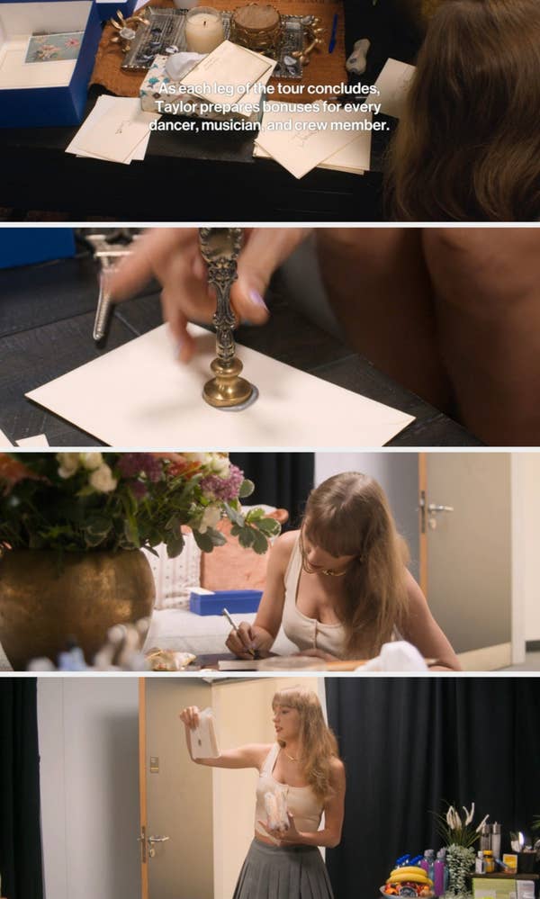 A person looks at a table with envelopes and a card, with text about Taylor giving bonuses to dancers, musicians, and crew after each tour leg