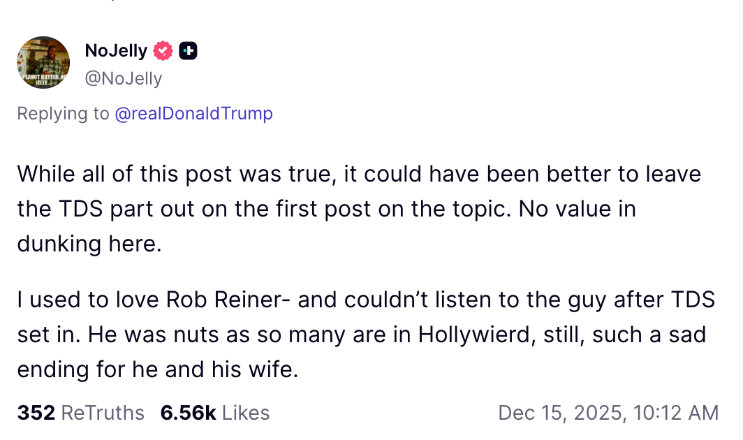 Innlegg i sosiale medier som kritiserer Rob Reiner og TDS påstander, og uttrykker skuffelse uten verdi i å kritisere ytterligere