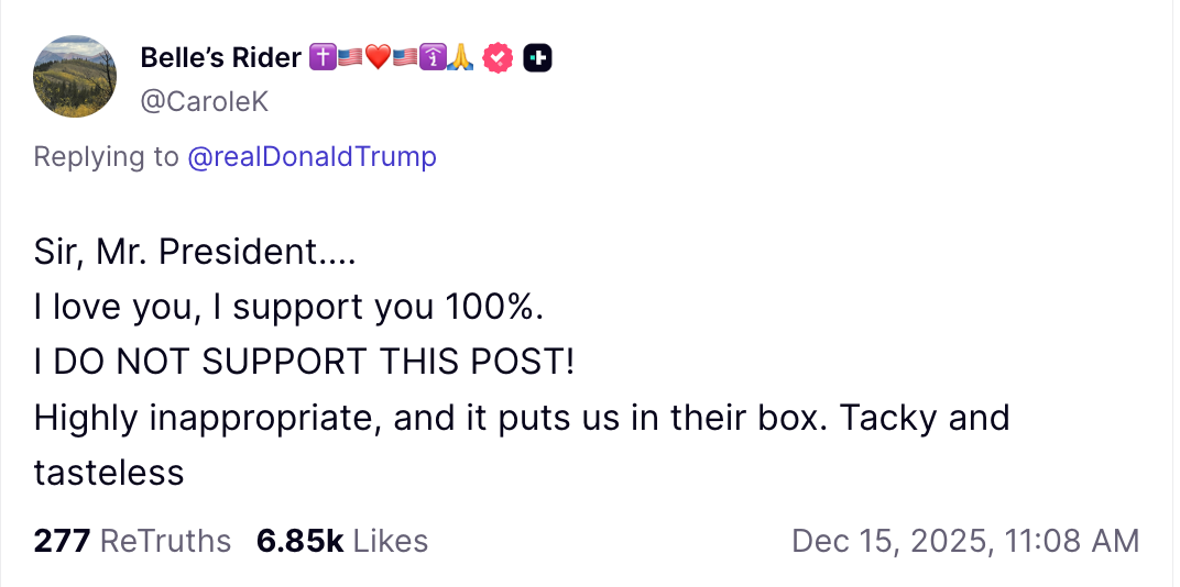 Innlegg i sosiale medier som kritiserer en tidligere presidents innlegg som upassende, klebrig og smakløst, og uttrykker både støtte og misbilligelse
