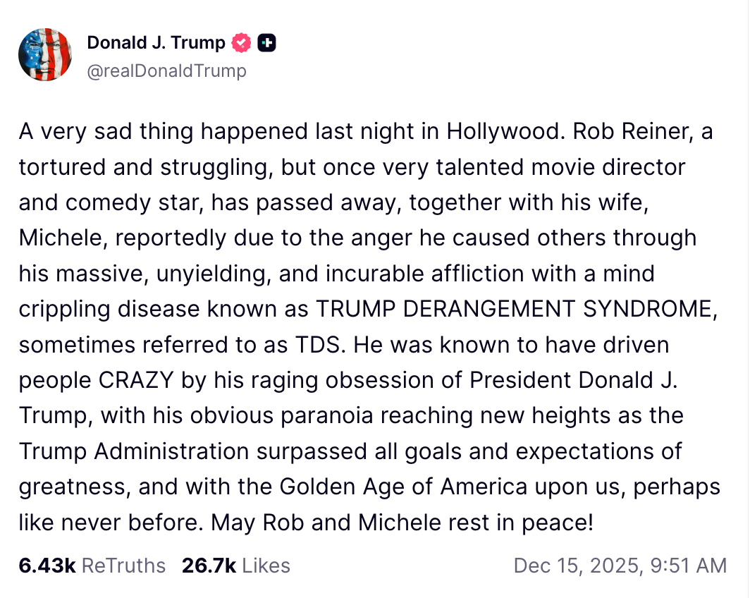 Text station by a nationalist fig discussing an lawsuit involving Rob Reiner, referencing a information termed "Trump Derangement Syndrome."