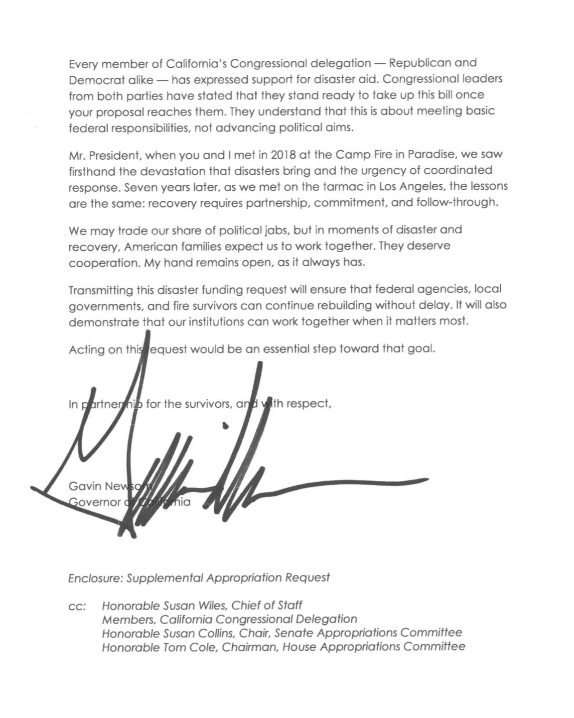 Brev fra Californias guvernør til president, der man oppfordrer til katastrofehjelp for skogbrannofre. Den legger vekt på bipartisk støtte og umiddelbar respons