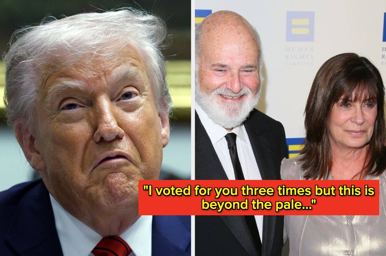Man with a serious expression; another man in a tuxedo with a woman in elegant attire. Text: “I voted for you three times but this is beyond the pale…”