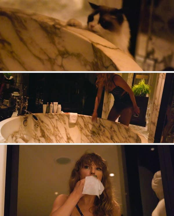 Cat peeking over a marble bathtub edge, looking curious and playful