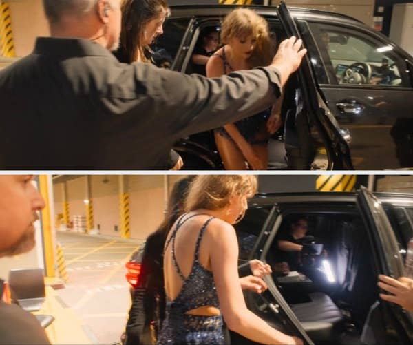 A person in a shimmering outfit exits a car, assisted by others, in a lively environment