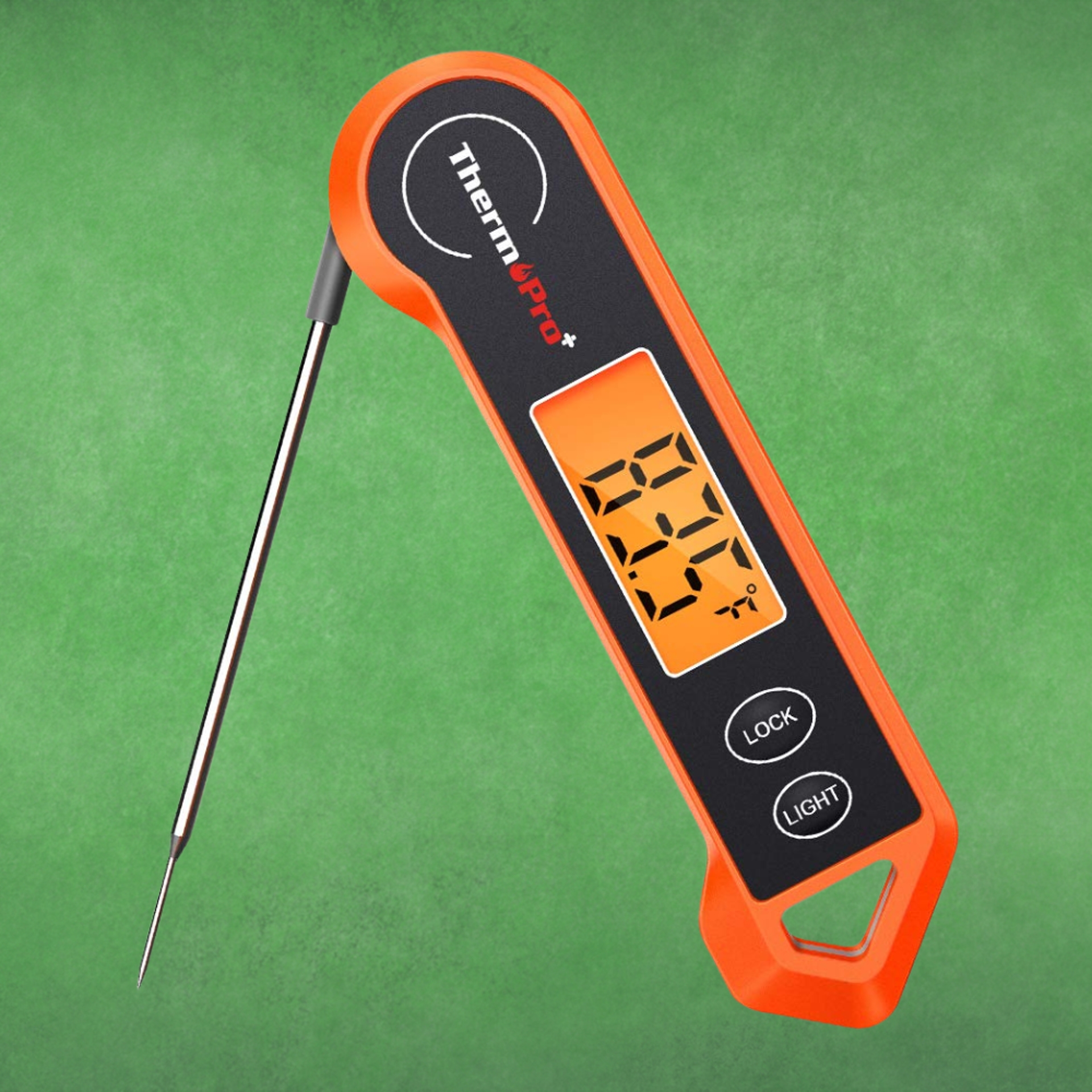 Digital nutrient   thermometer with a foldable probe, displaying 38.5 degrees Celsius connected  its screen, labeled "ThermoPro" connected  a greenish  background