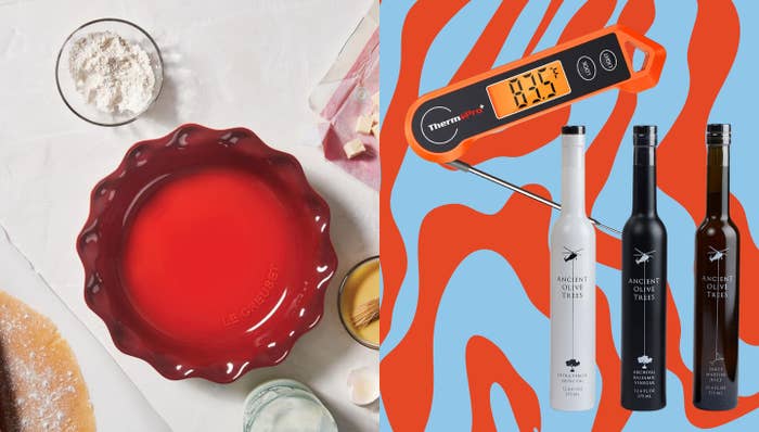 Pie dish, baking ingredients, and integer  thermometer with 3  olive lipid  bottles connected  display; featured successful  a buying  guide
