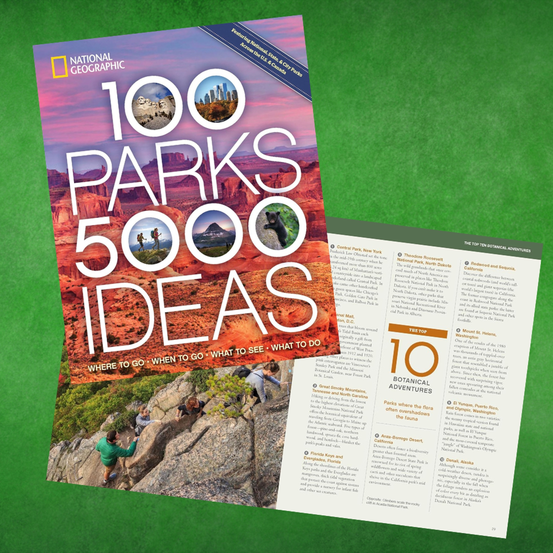 Cover of "100 Parks, 5000 Ideas" by National Geographic connected  a greenish  background. A 2nd  leafage   lists 10  botanical adventures