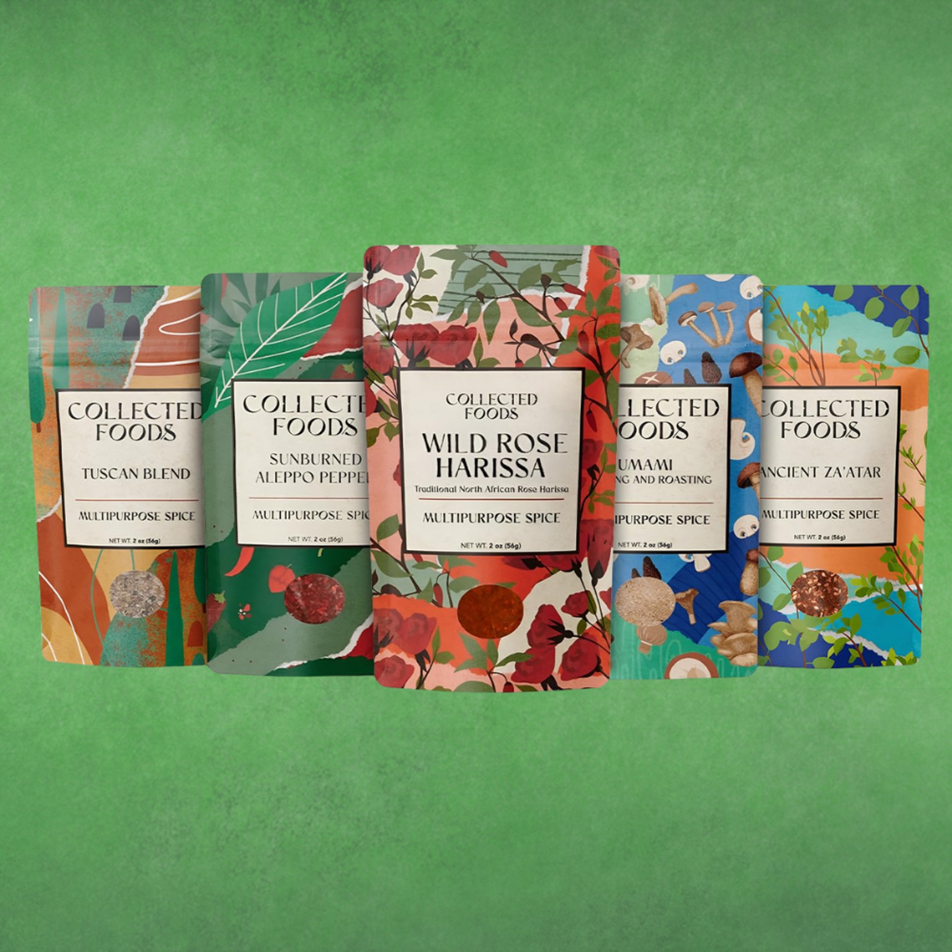 Five Collected Foods spice bags, including Tuscan Blend and Wild Rose Harissa, displayed against a plain background