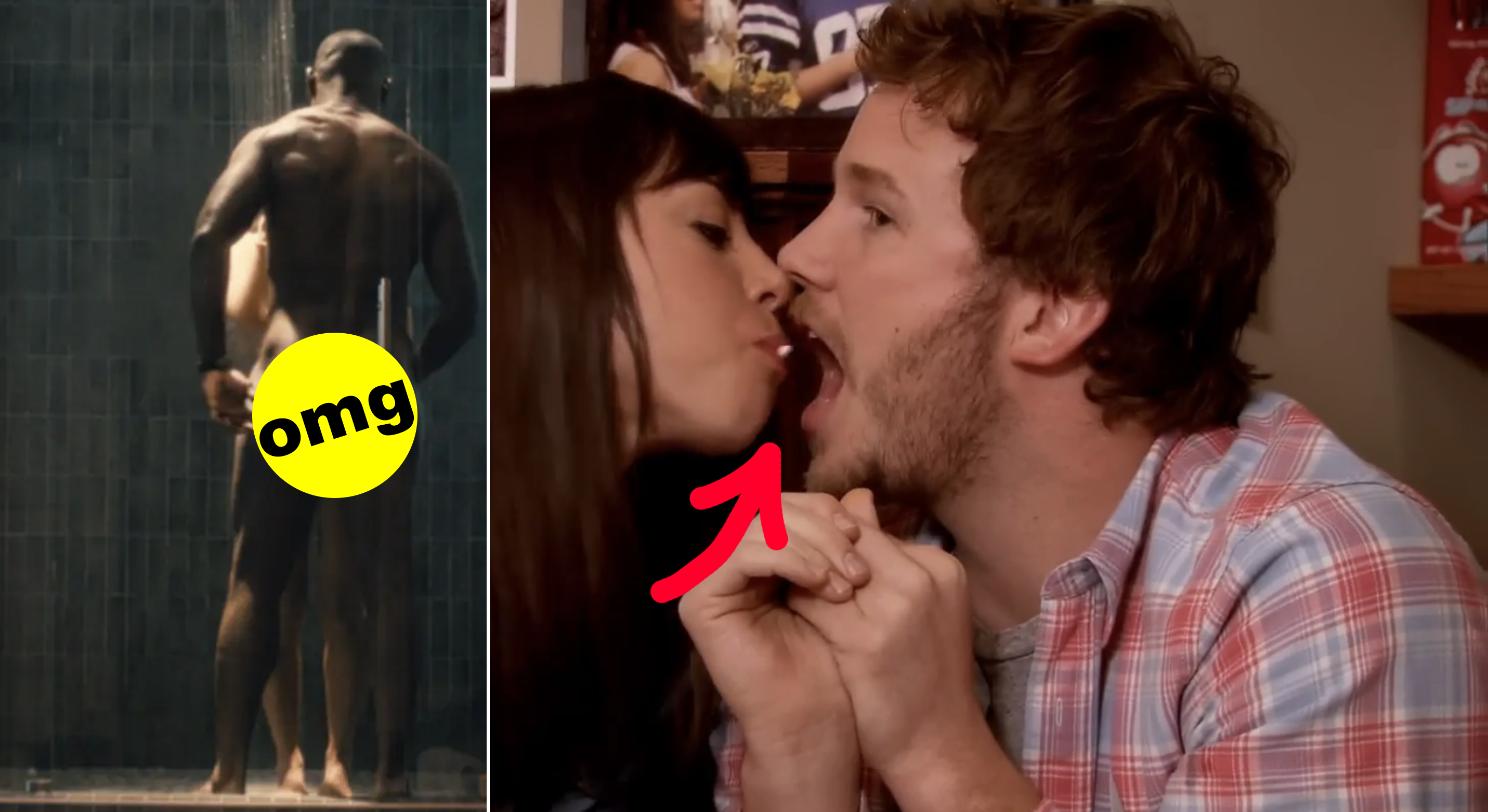 A couple shares an awkward kiss while holding hands indoors; humorous scene depicted