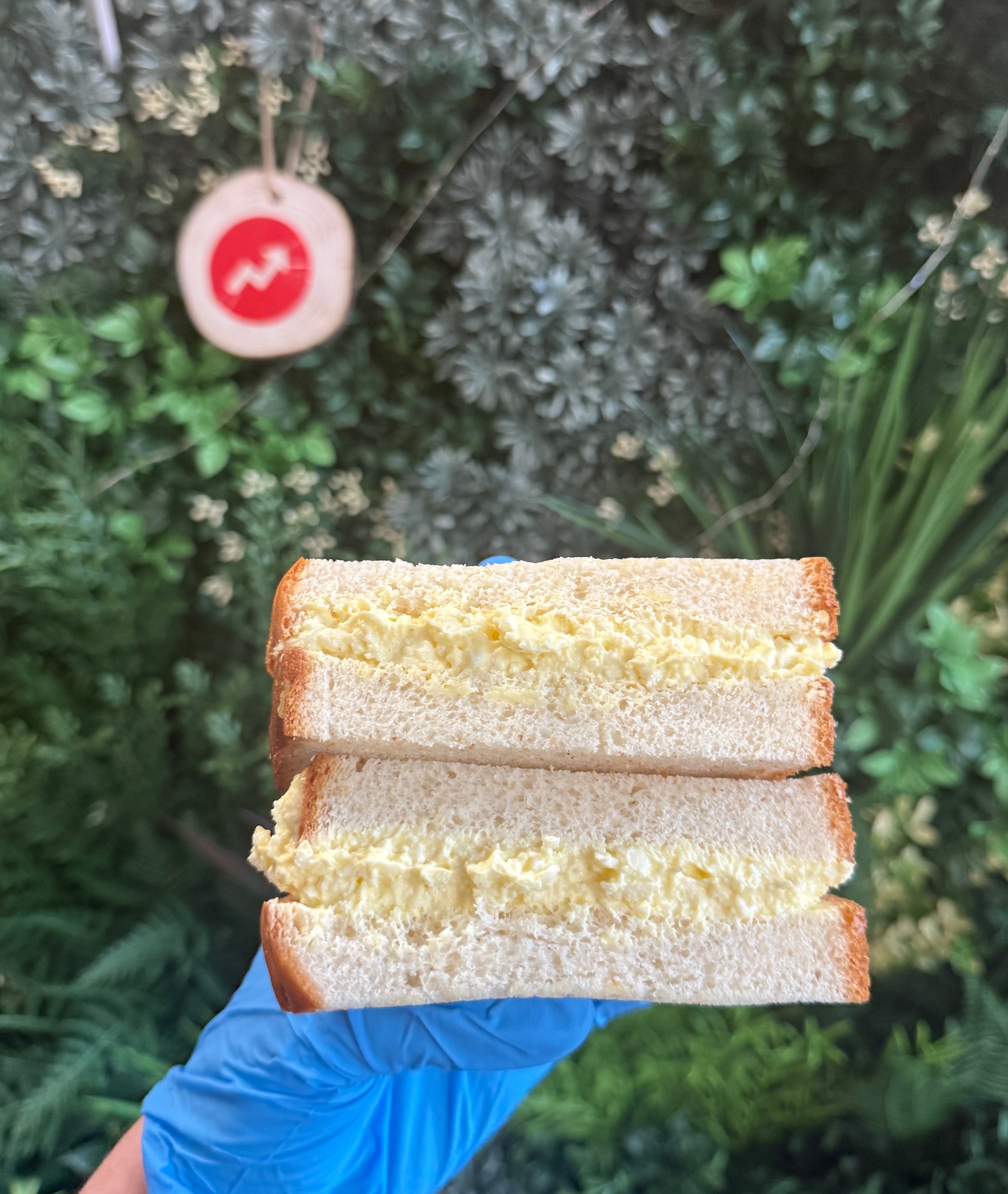 A sandwich held by a gloved hand in front of a lush green background with a small sign hanging on foliage
