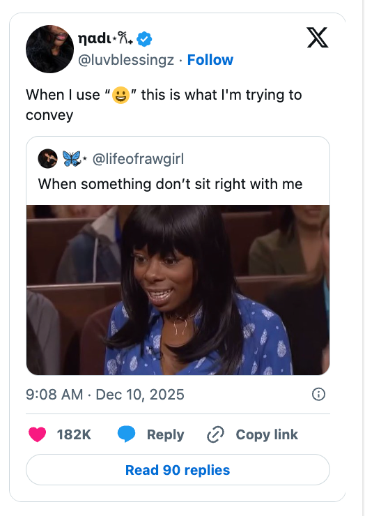 Tweet gag  astir  utilizing ? emoji to explicit  discomfort, featuring a seated pistillate   looking uneasy