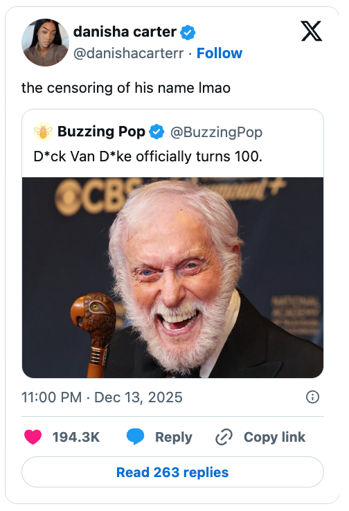 A tweet humorously comments connected  the censorship of a celebrity's sanction  successful  a header  astir  their 100th birthday