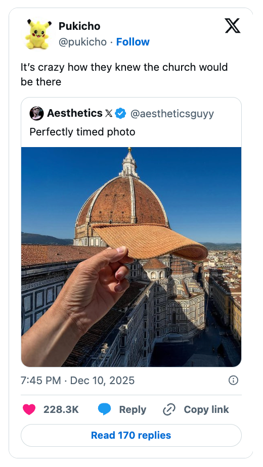 Hand holding a waffle cone successful  beforehand   of a domed building, aligning its signifier   with the structure. Caption suggests astonishment  astatine  the cleanable   alignment