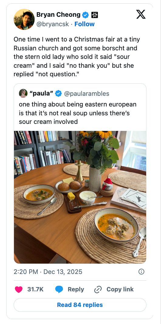 Tweet astir  a humorous speech   regarding sour pick  astatine  a Russian religion  Christmas fair, with borscht connected  a table