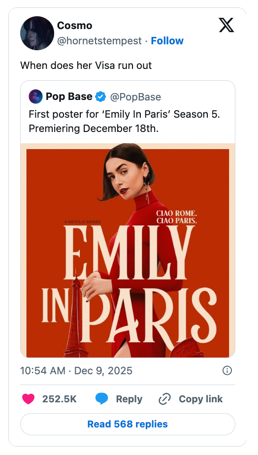 Poster for 'Emily successful  Paris' Season 5 with premiere day  December 18th is shown, featuring a stylishly dressed woman