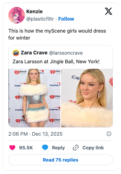 Split representation  of Zara Larsson astatine  Jingle Ball successful  NYC successful  a fluffy harvest  apical  and skirt, caption likens her benignant   to MyScene dolls' wintertime  attire