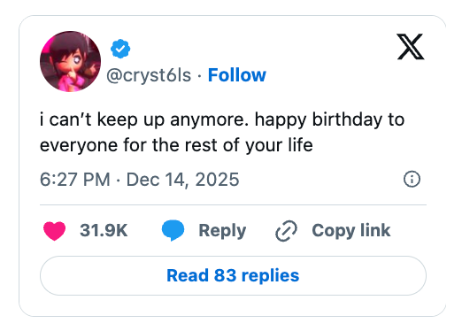  "i can't support  up   anymore. blessed  day   to everyone for the remainder  of your life" with 31.9K likes