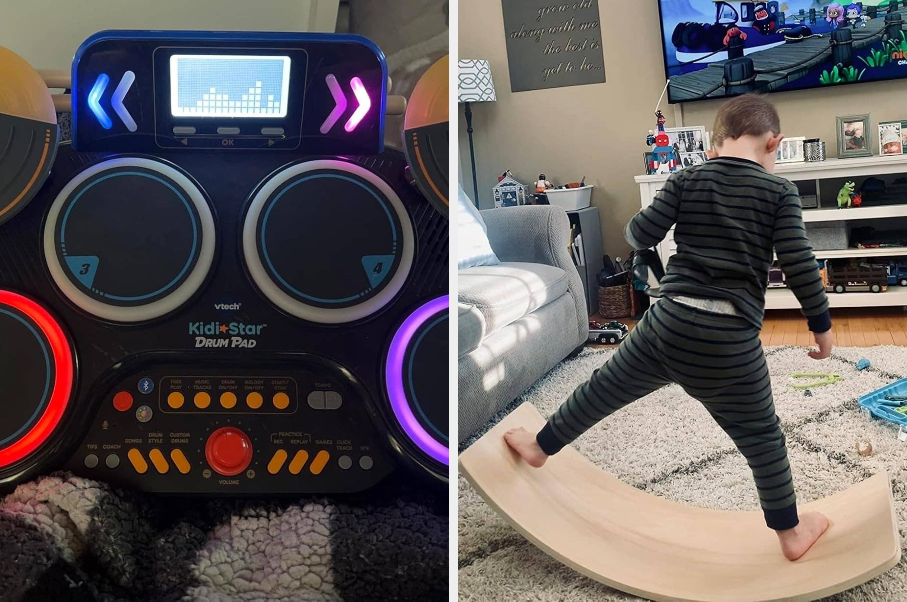 Two children engaged with interactive learning toys; a girl uses a colorful educational tablet, and a boy balances on a rocking board watching TV