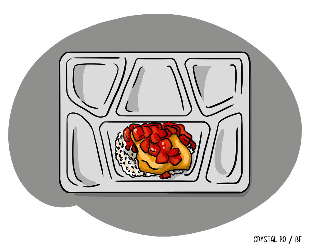 A cafeteria tray with a single lunch item: a burger topped with diced tomatoes in one compartment